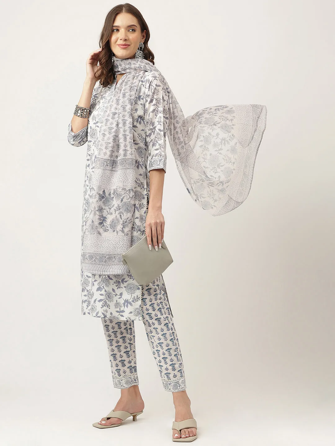 Jashvi Sky Blue Floral HandBlock Printed Cotton Straight Kurta, trousers with Dupatta Set