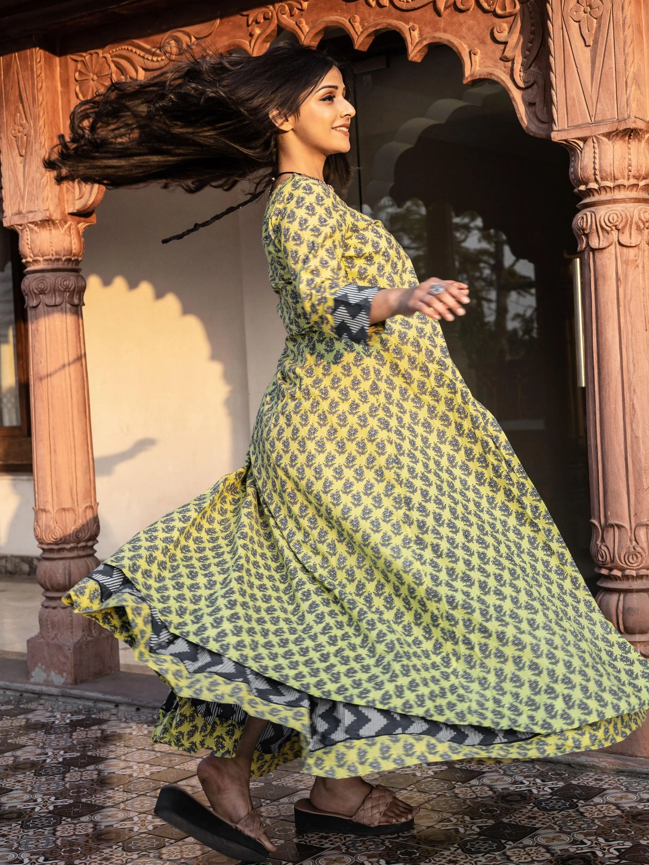 Jashvi Yellow Shurg Style Cotton kurta with Skirt