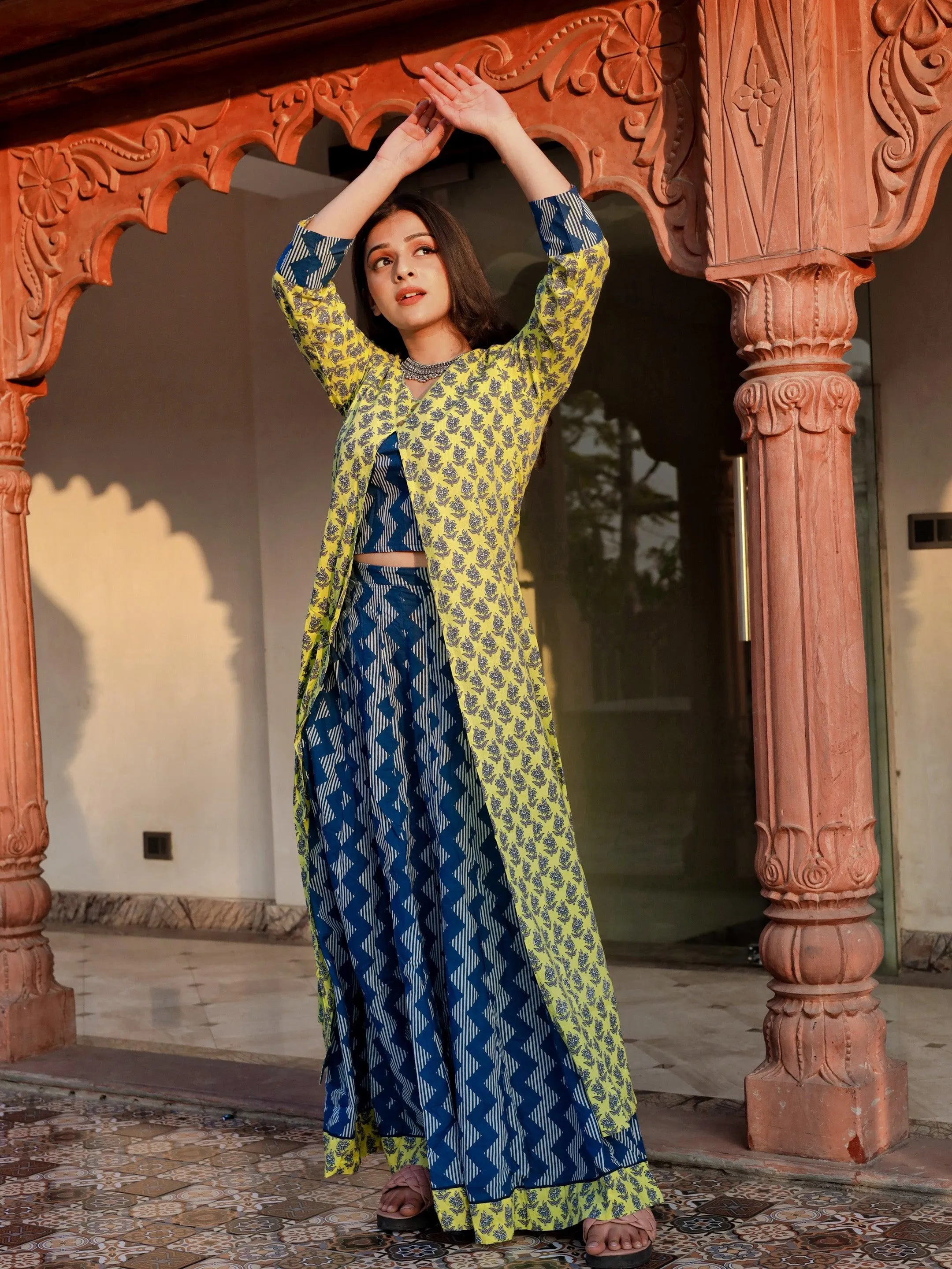 Jashvi Yellow Shurg Style Cotton kurta with Skirt