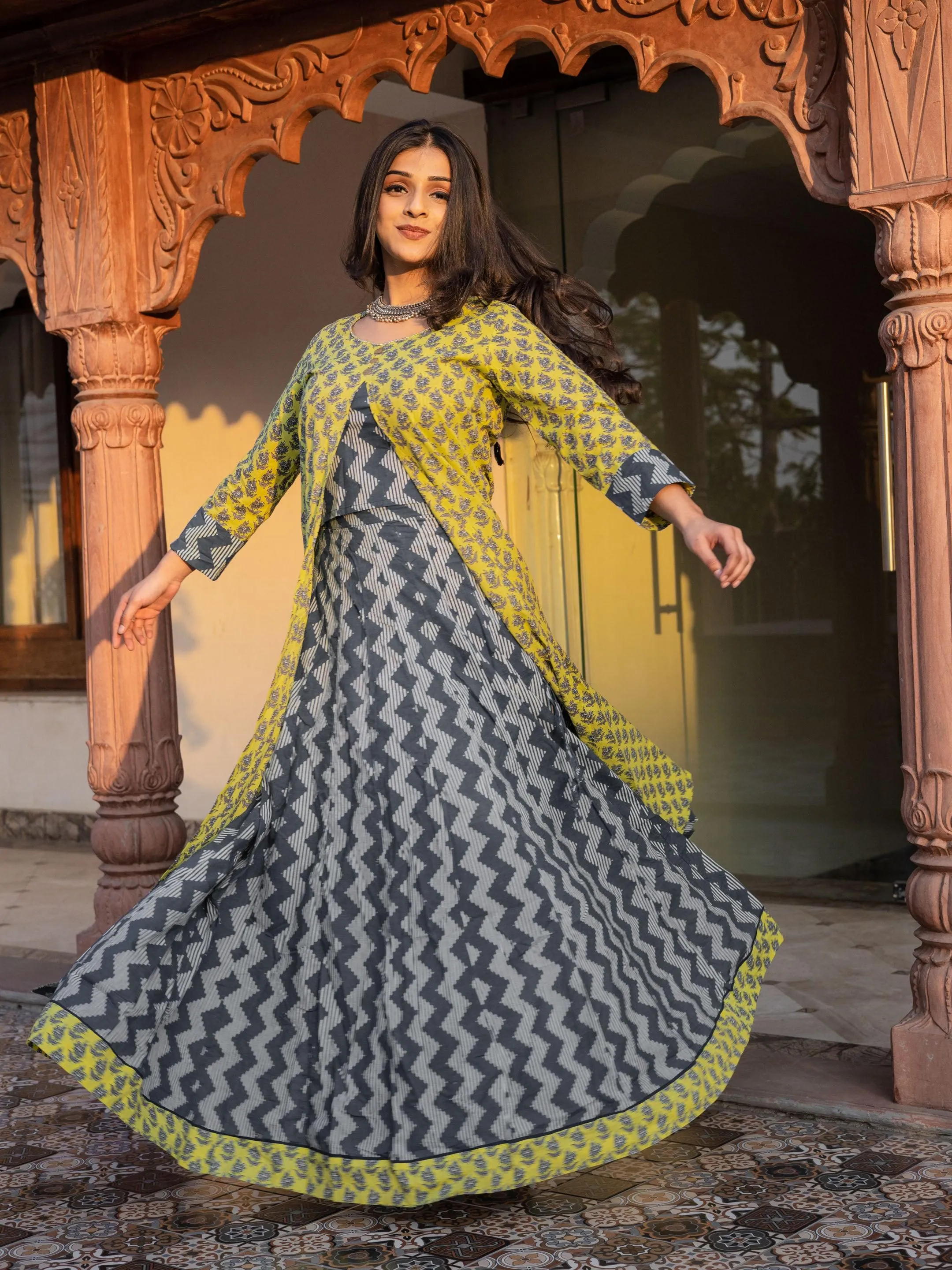 Jashvi Yellow Shurg Style Cotton kurta with Skirt