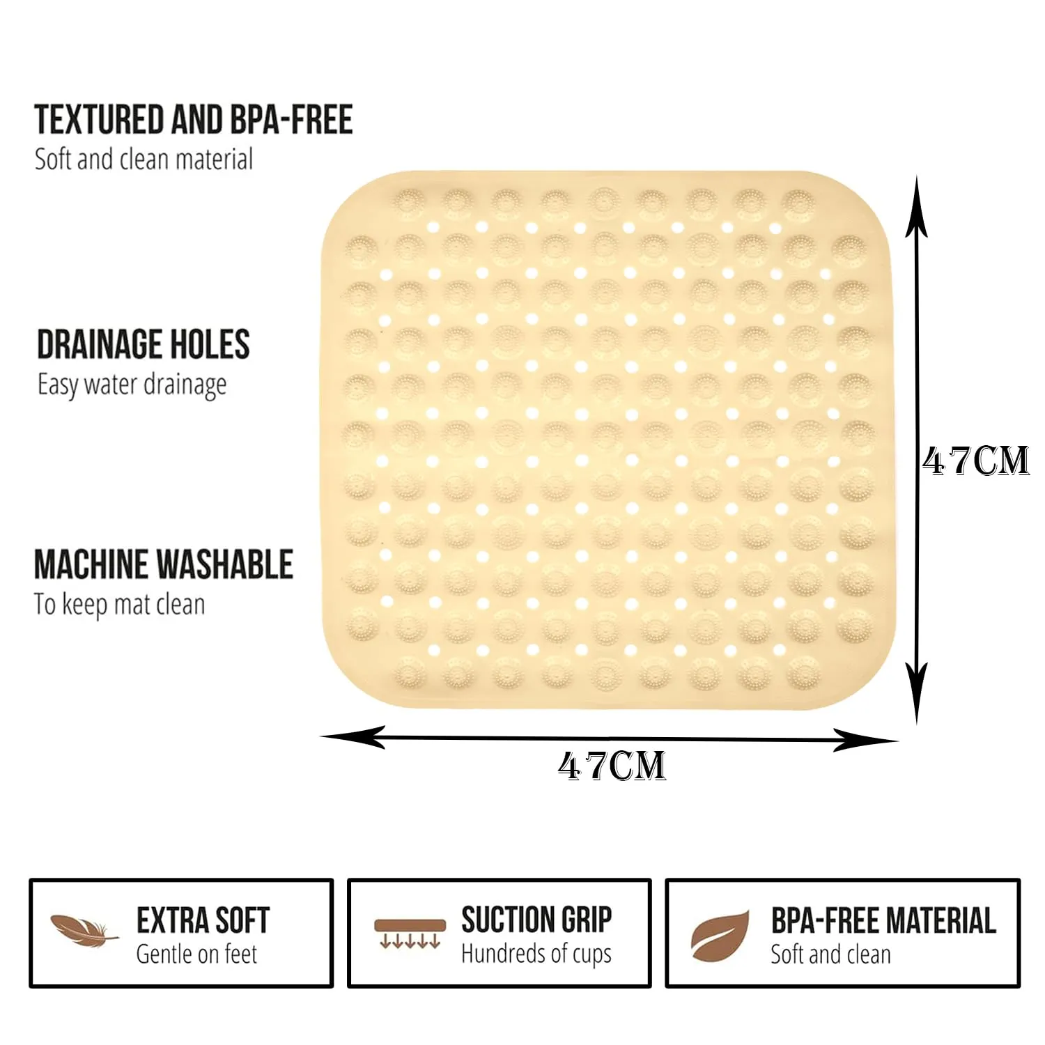 Kuber Industries Bath Mat | PVC Bathroom Mat | Shower Bath Mat | Square Bath Tub Mat | Foot Massager Mat | Anti-Skid Floor Mat | Shower Mat | Pack of 2 | Cream