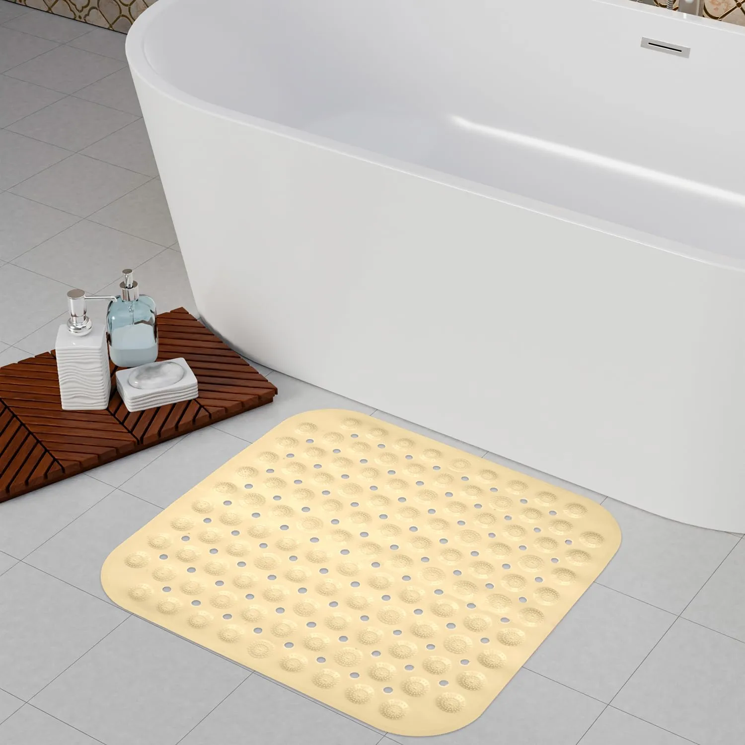 Kuber Industries Bath Mat | PVC Bathroom Mat | Shower Bath Mat | Square Bath Tub Mat | Foot Massager Mat | Anti-Skid Floor Mat | Shower Mat | Pack of 2 | Cream