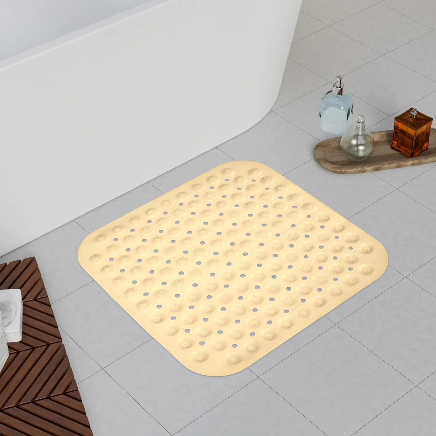 Kuber Industries Bath Mat | PVC Bathroom Mat | Shower Bath Mat | Square Bath Tub Mat | Foot Massager Mat | Anti-Skid Floor Mat | Shower Mat | Pack of 2 | Cream