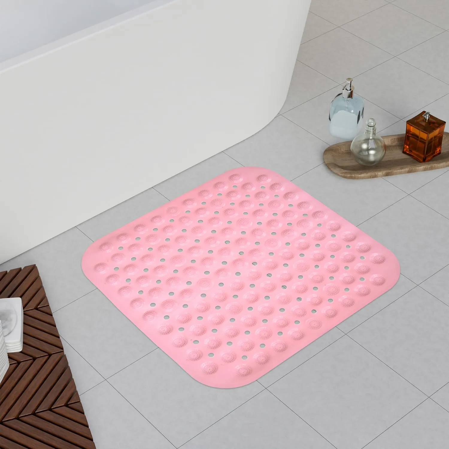 Kuber Industries Bath Mat | PVC Bathroom Mat | Shower Bath Mat | Square Bath Tub Mat | Foot Massager Mat | Anti-Skid Floor Mat | Shower Mat | Pack of 2 | Peach