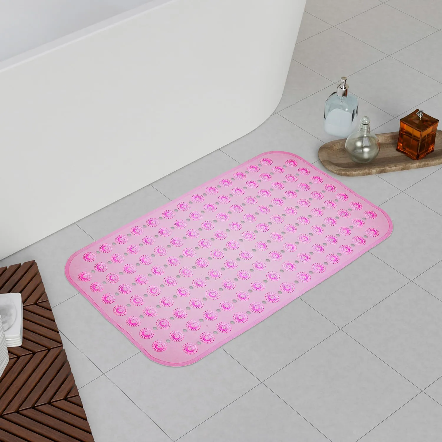 Kuber Industries Bath Mat | PVC Bathroom Mat | Shower Bath Mat | Transparent Round Floor Tub Mat | Foot Massager Mat | Anti-Skid Shower Mat with Drain Holes | Pack of 2 | Pink