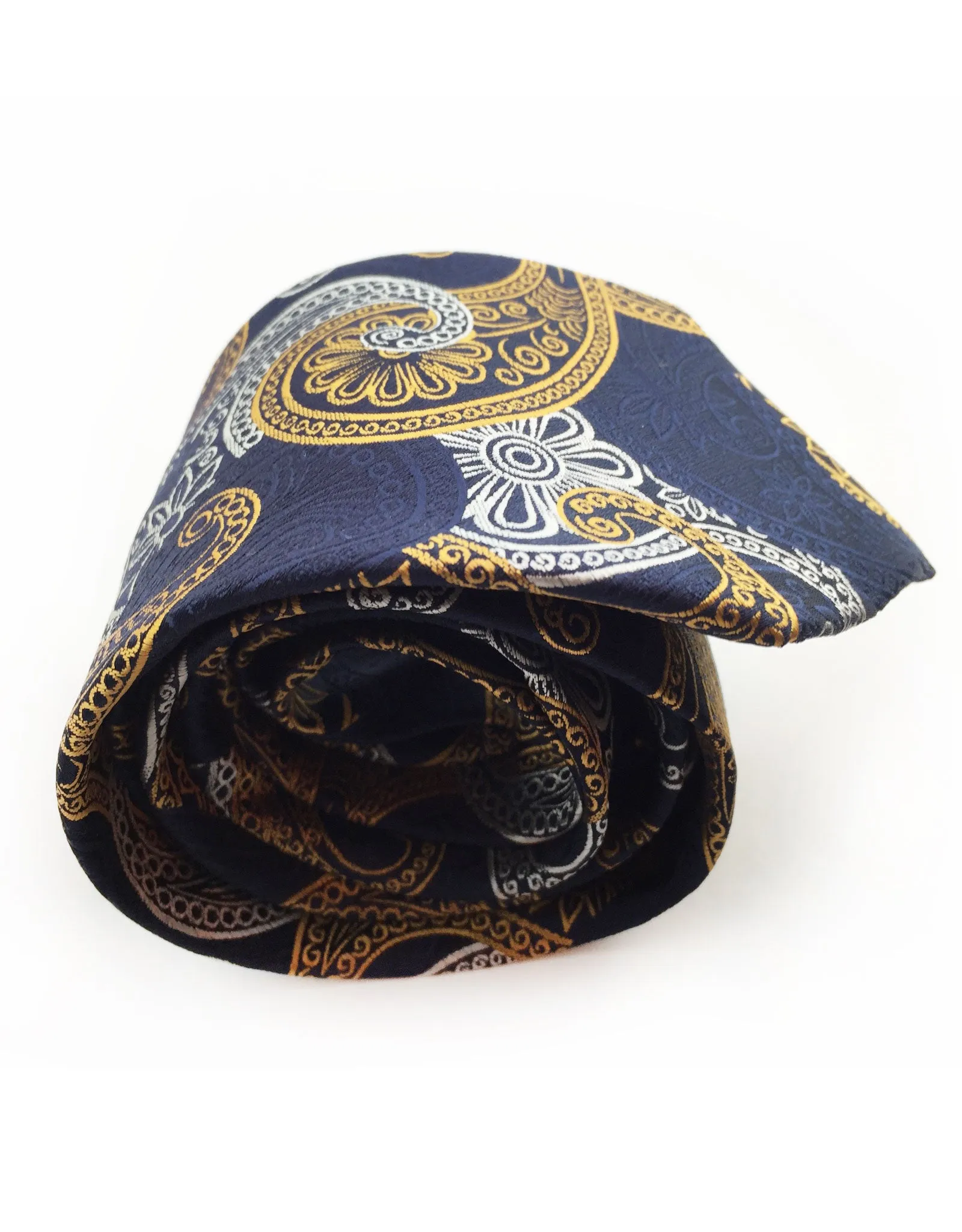 Navy, Orange Gold & Silver Paisley Tie