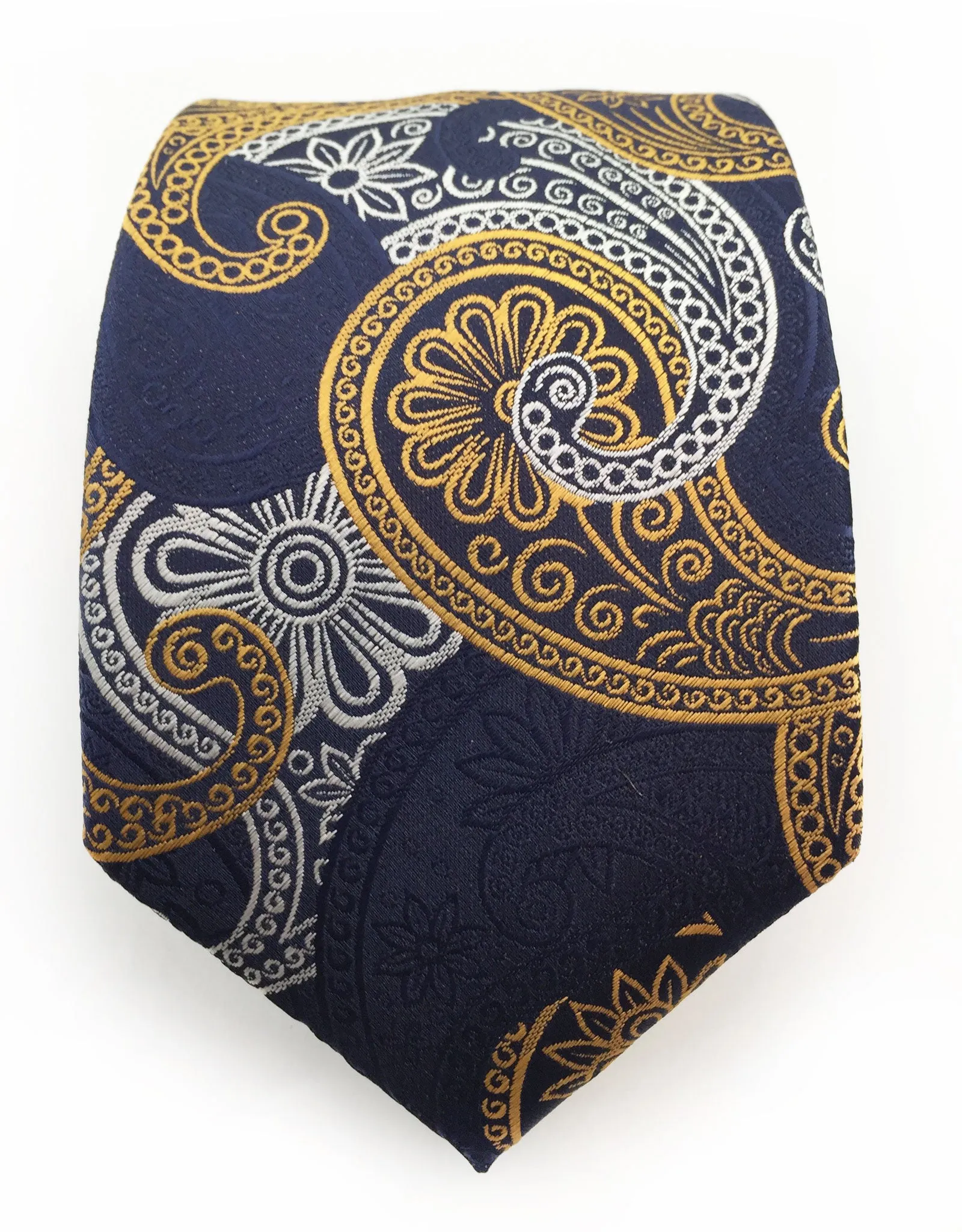 Navy, Orange Gold & Silver Paisley Tie