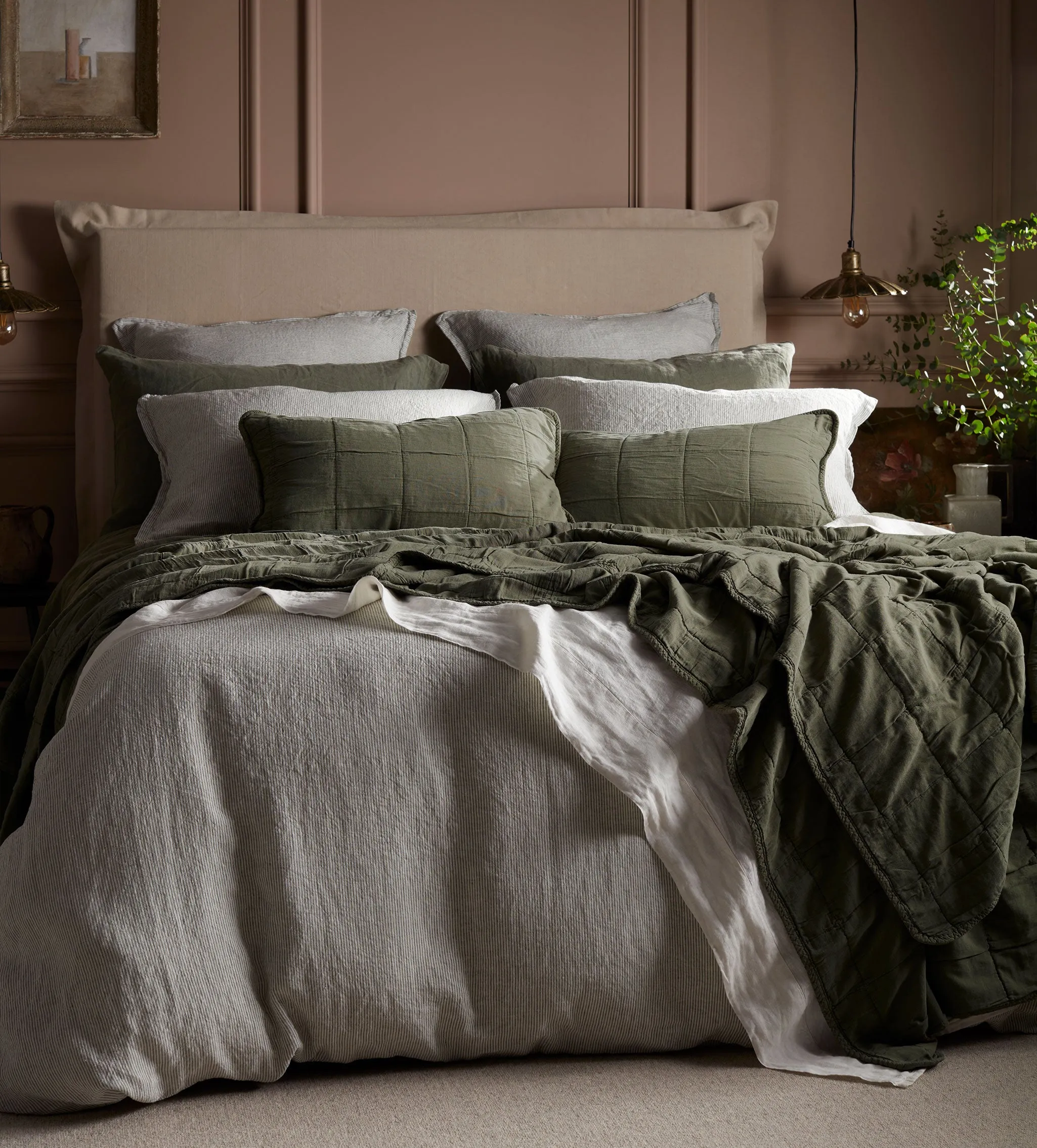 Olive Green Sid Stripe 100% Linen Duvet Cover