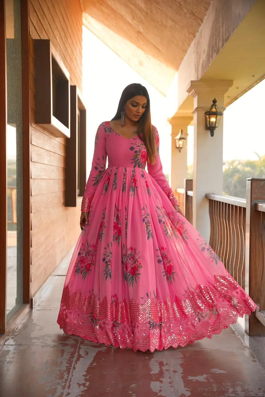 Pink Color Floral Printed Embroidery Work Gown