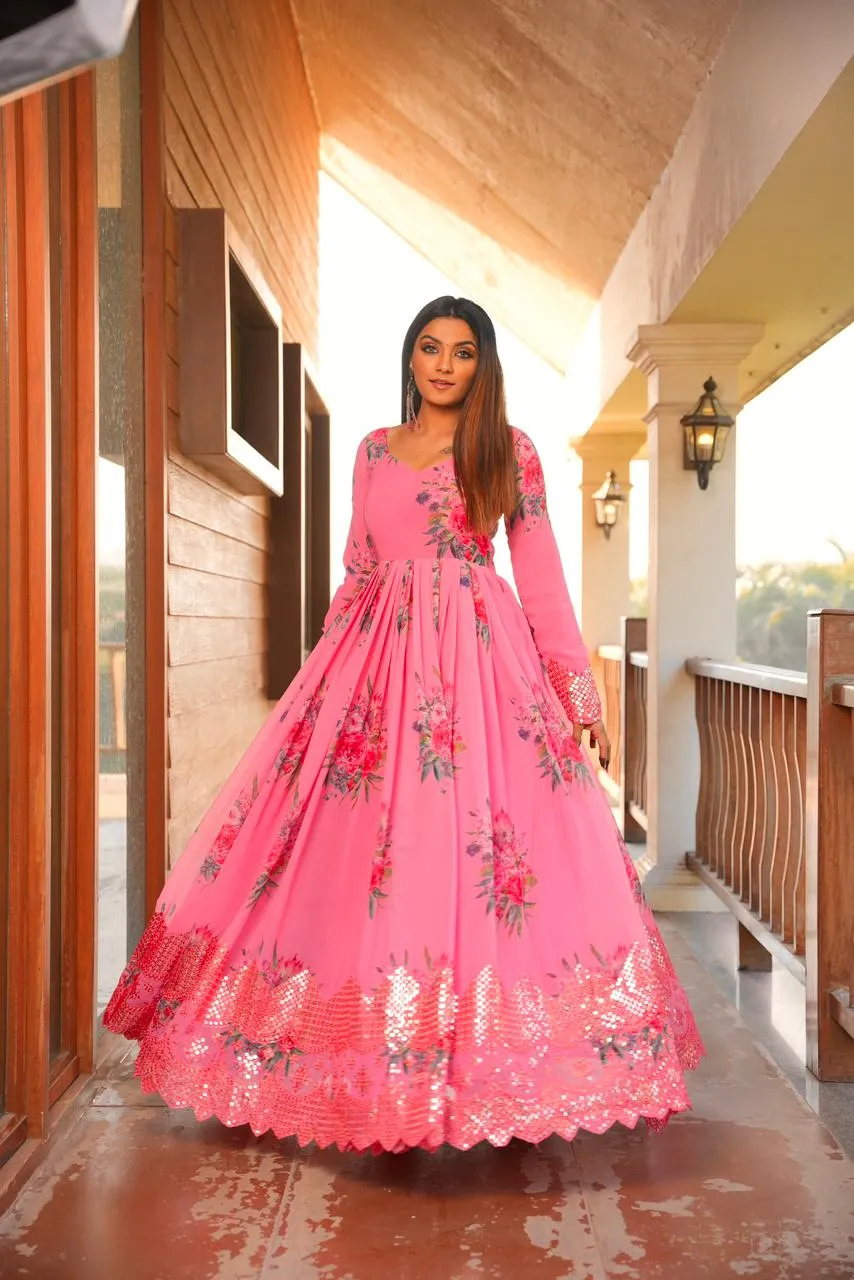 Pink Color Floral Printed Embroidery Work Gown