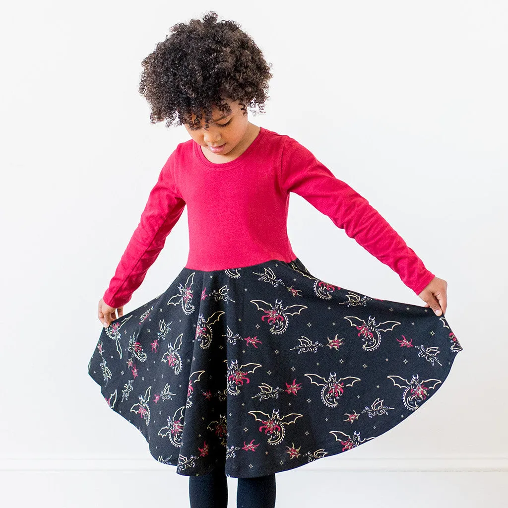 "Fire Flight" Dragons Twirly Play Dress with Pockets and Long Sleeves