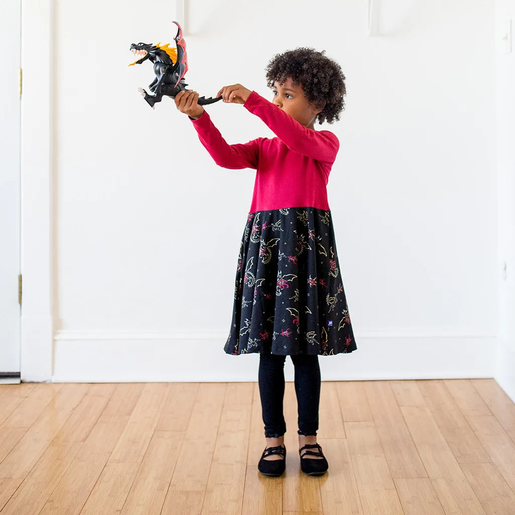 "Fire Flight" Dragons Twirly Play Dress with Pockets and Long Sleeves