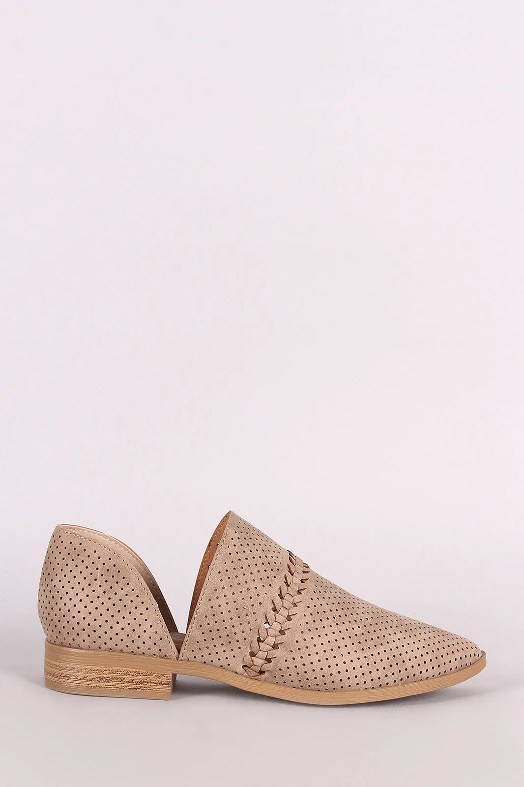 Qupid Perforated Nubuck Braided Pointy Toe Ankle Booties