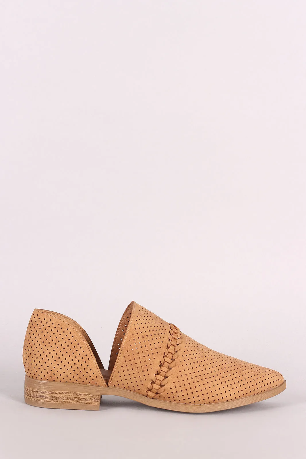 Qupid Perforated Nubuck Braided Pointy Toe Ankle Booties