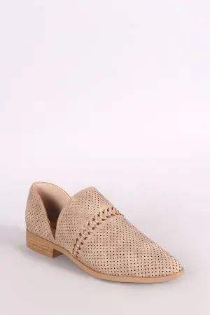 Qupid Perforated Nubuck Braided Pointy Toe Ankle Booties