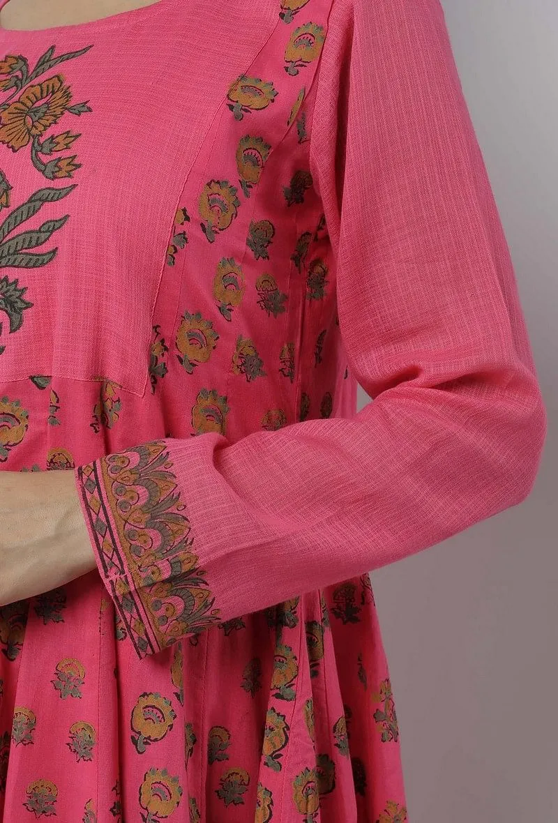 Raisa Pink Floral Hand-Block Printed Cotton-Kota Anarkali