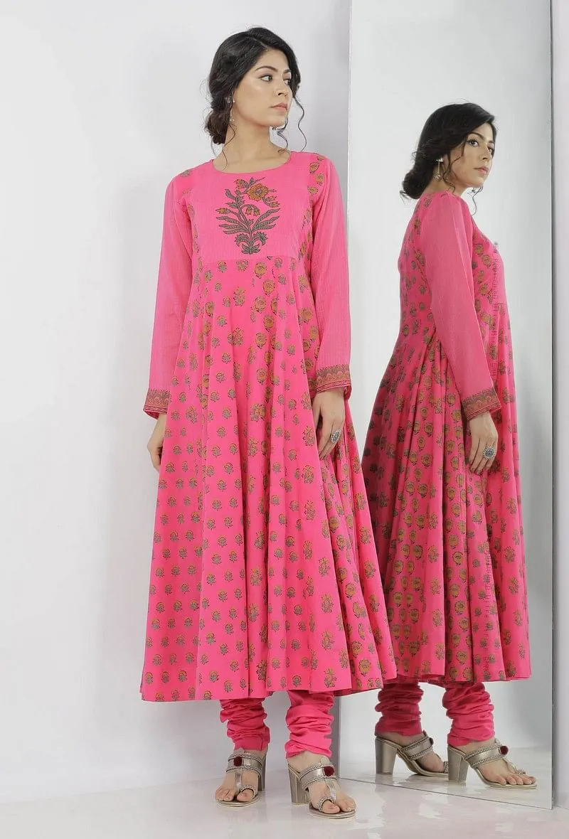 Raisa Pink Floral Hand-Block Printed Cotton-Kota Anarkali