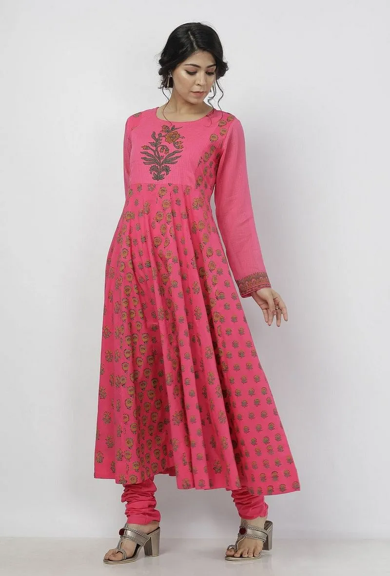 Raisa Pink Floral Hand-Block Printed Cotton-Kota Anarkali