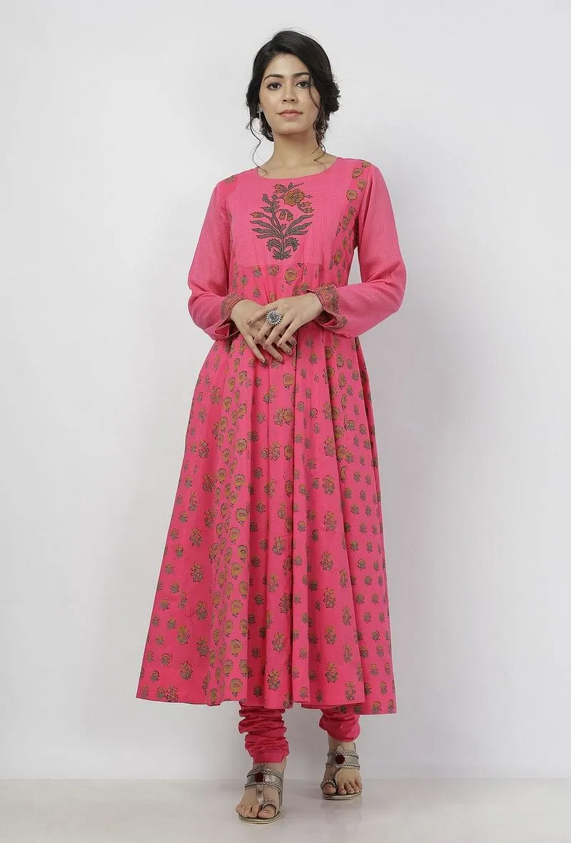 Raisa Pink Floral Hand-Block Printed Cotton-Kota Anarkali