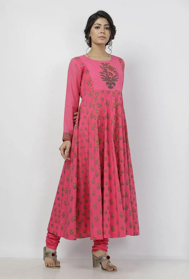 Raisa Pink Floral Hand-Block Printed Cotton-Kota Anarkali