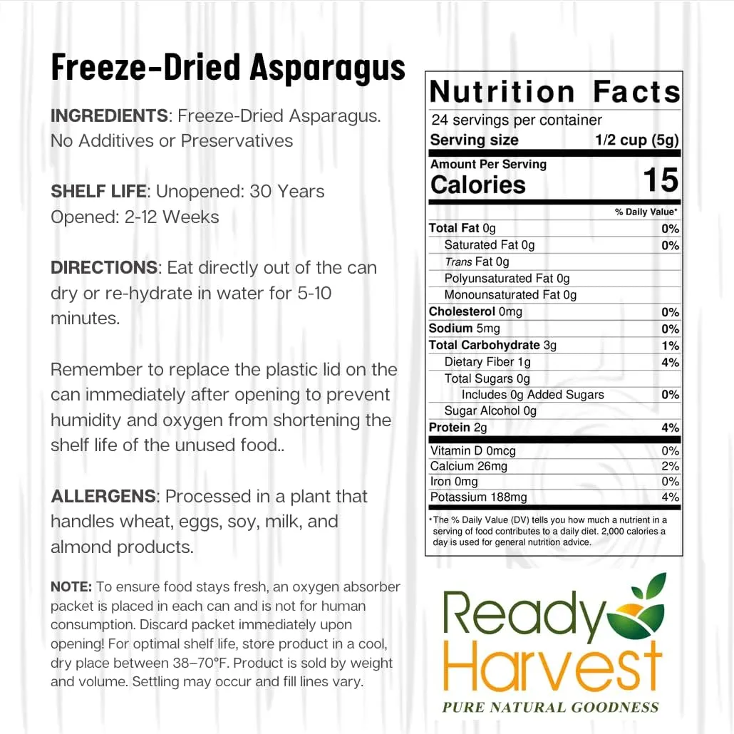 Ready Harvest Freeze-Dried Asparagus - 25 Year Shelf Life - Six #10 Cans