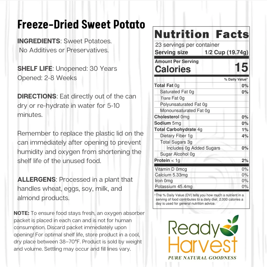 Ready Harvest Freeze-Dried Sweet Potatoes - 30 Year Shelf Life - Six #10 Cans