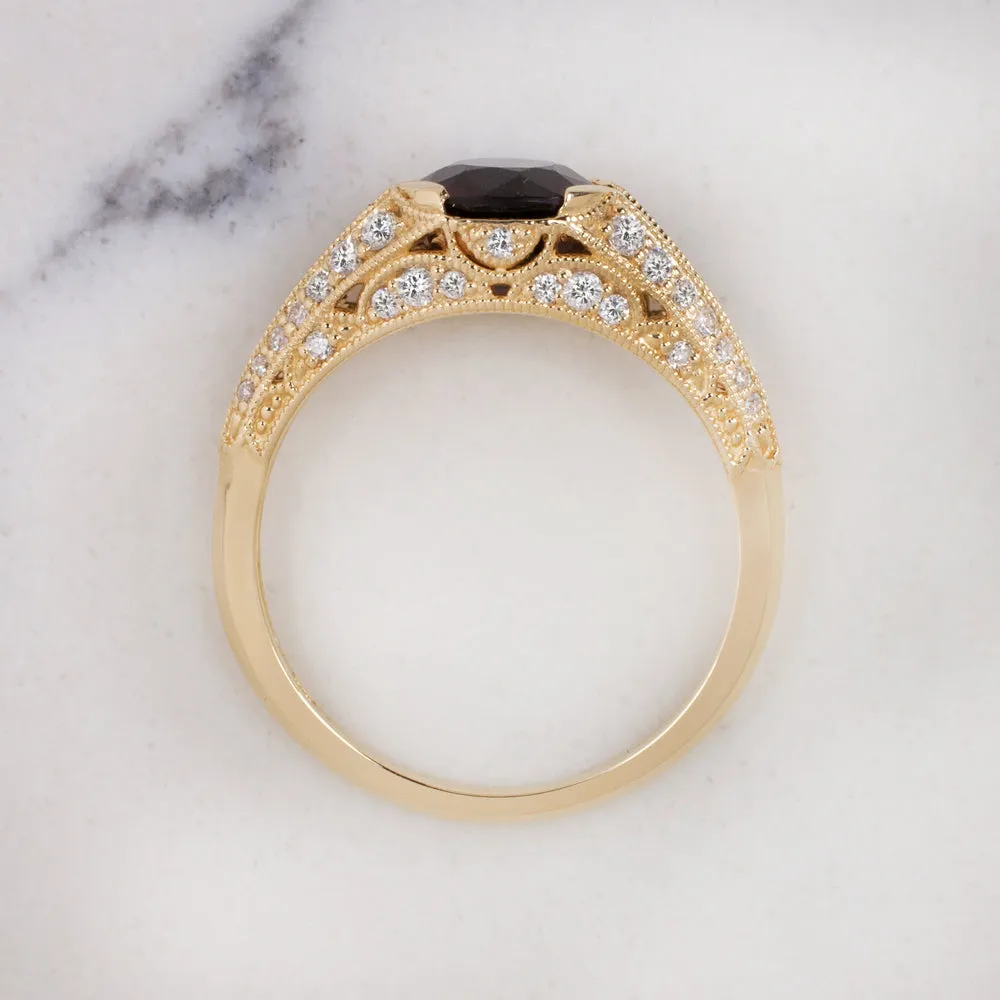 RED SPINEL DIAMOND COCKTAIL RING VINTAGE STYLE YELLOW GOLD  ROUND CUT NATURAL