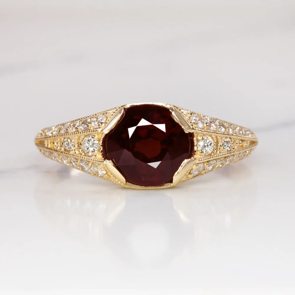 RED SPINEL DIAMOND COCKTAIL RING VINTAGE STYLE YELLOW GOLD  ROUND CUT NATURAL