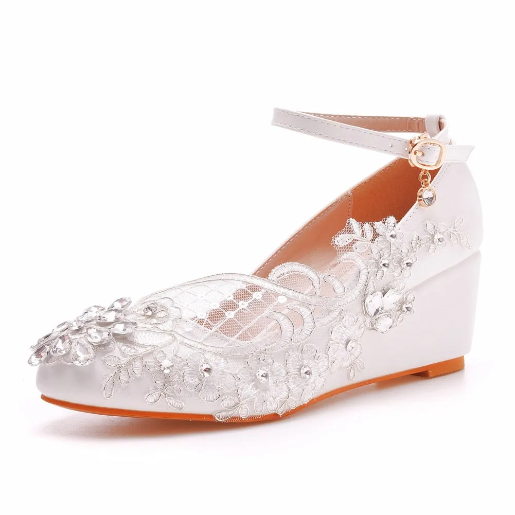 Rhinestone White Lace Wedding Shoes Wedges  Ankle Strap Party Dance Pumps