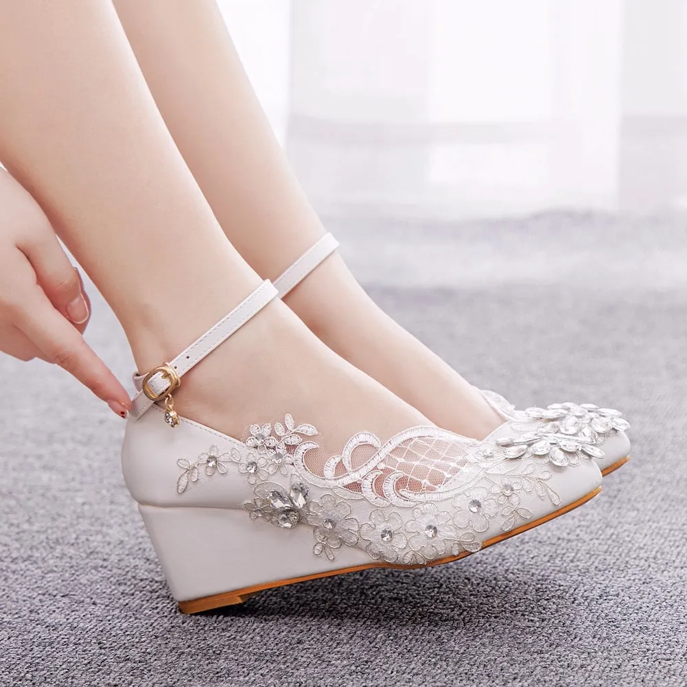 Rhinestone White Lace Wedding Shoes Wedges  Ankle Strap Party Dance Pumps