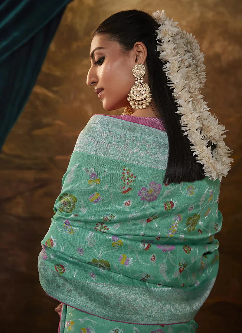 Sea Green Floral Paithani Banarasi Dola Silk Saree