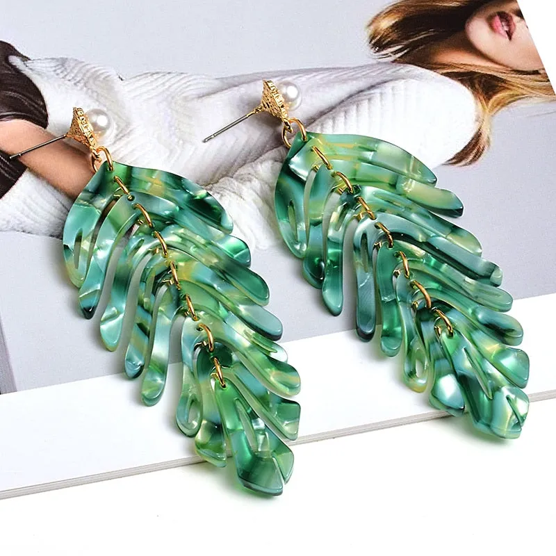 Statement Jewelry Exaggerated Green Leaf Acrylic Drop Earrings for Women