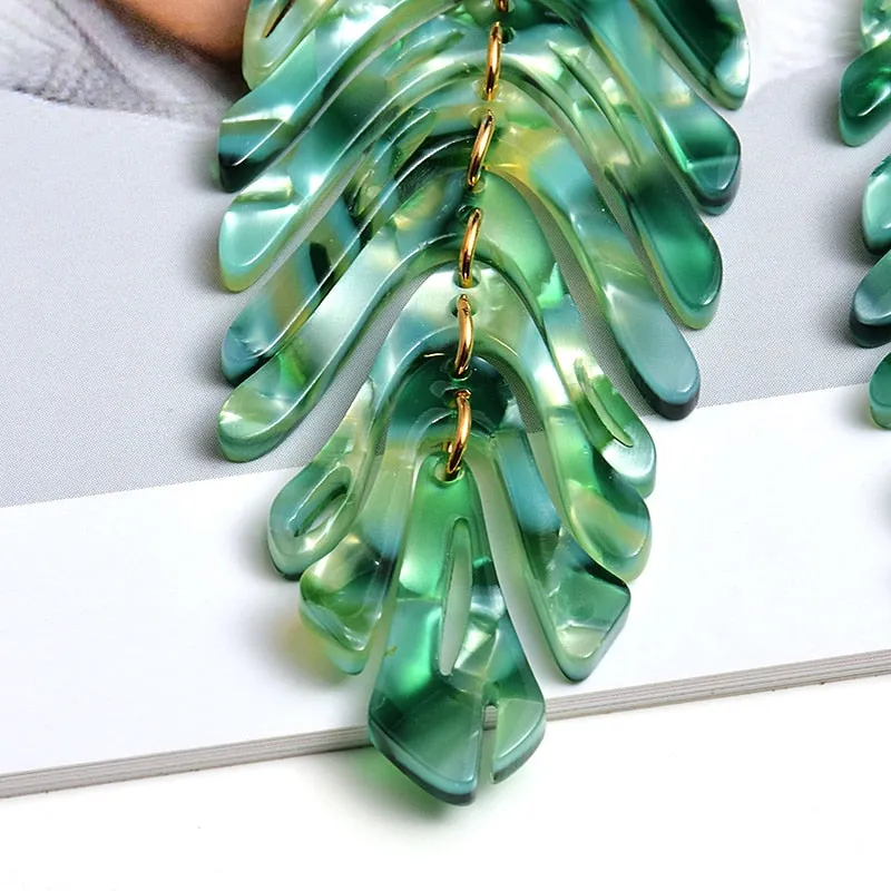 Statement Jewelry Exaggerated Green Leaf Acrylic Drop Earrings for Women