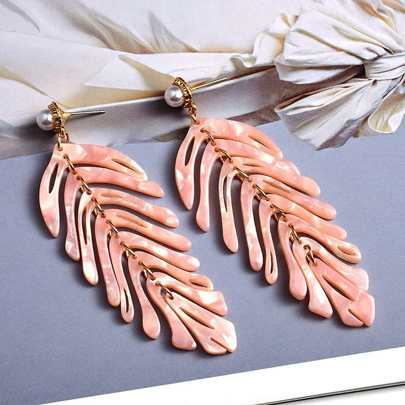 Statement Jewelry Exaggerated Green Leaf Acrylic Drop Earrings for Women