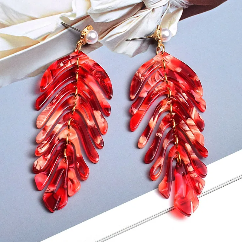 Statement Jewelry Exaggerated Green Leaf Acrylic Drop Earrings for Women