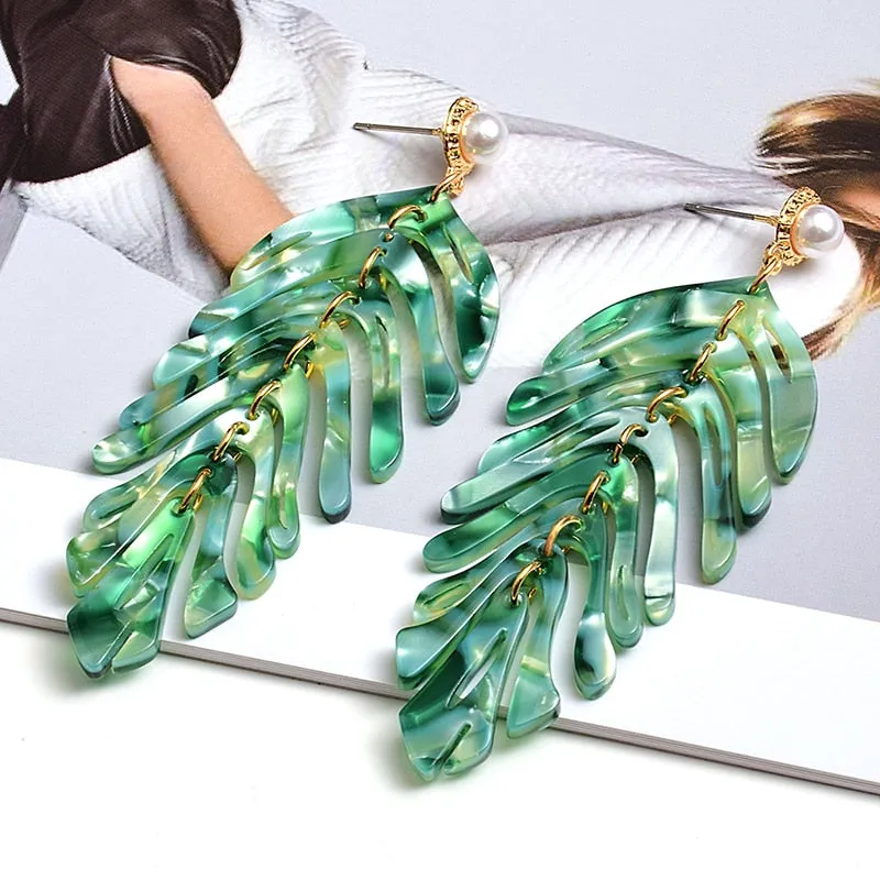 Statement Jewelry Exaggerated Green Leaf Acrylic Drop Earrings for Women