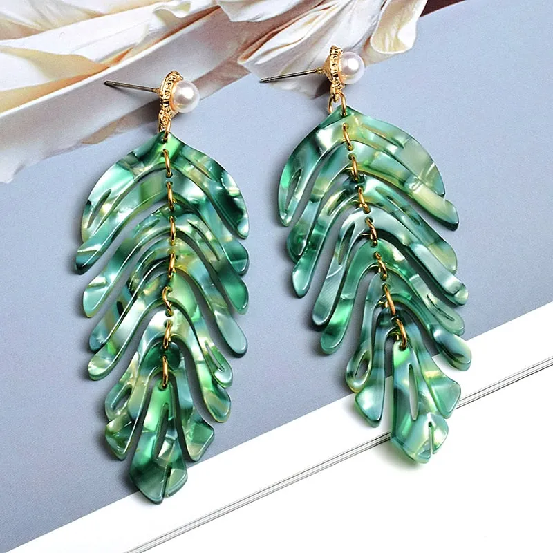 Statement Jewelry Exaggerated Green Leaf Acrylic Drop Earrings for Women