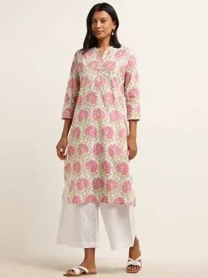 Utsa Pink Floral Printed Cotton Straight Kurta