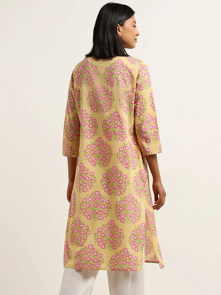 Utsa Yellow Floral Printed Cotton Straight Kurta