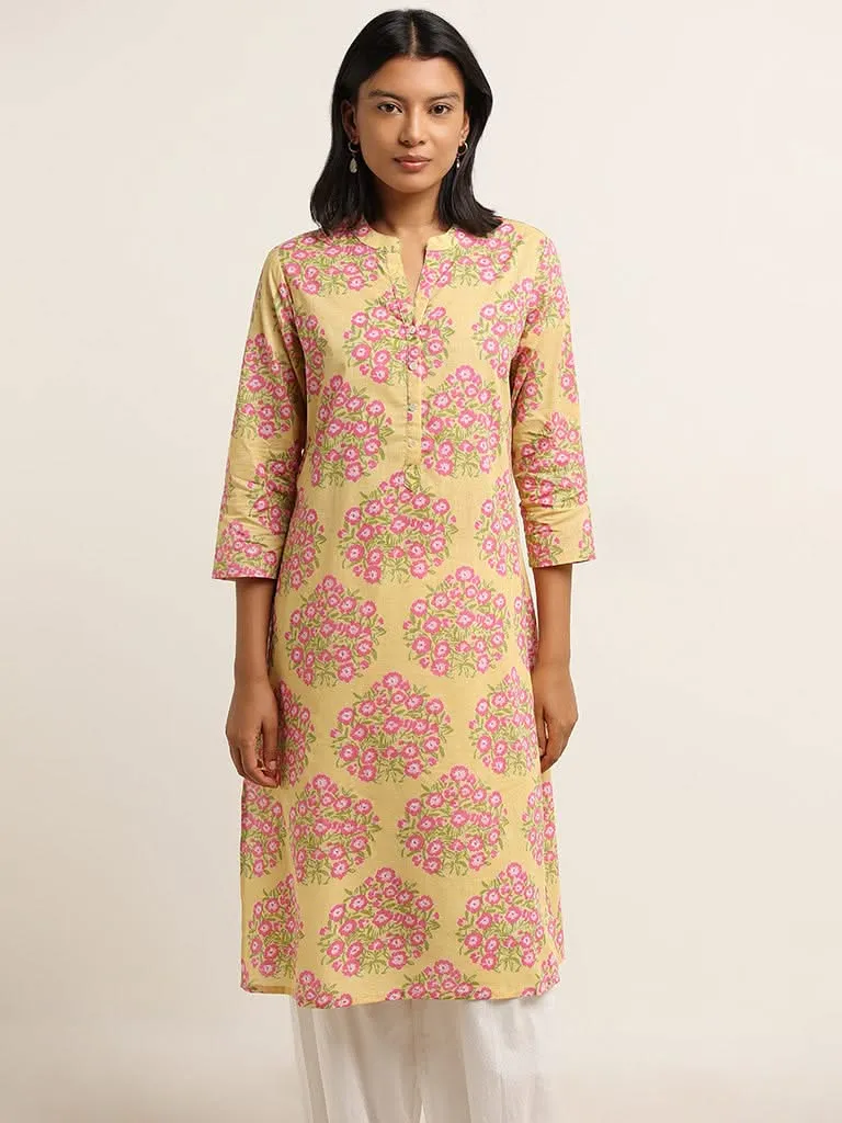 Utsa Yellow Floral Printed Cotton Straight Kurta