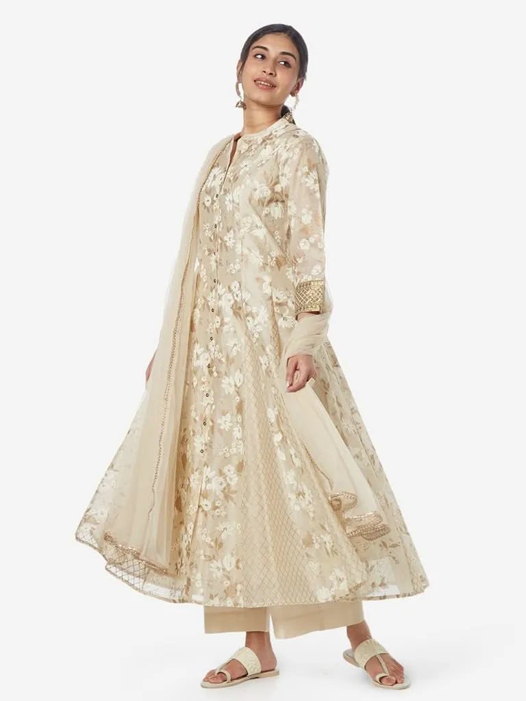 Vark Beige Anarkali Kurta, Dupatta, Palazzos