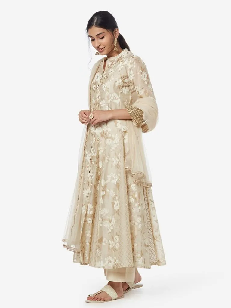 Vark Beige Anarkali Kurta, Dupatta, Palazzos