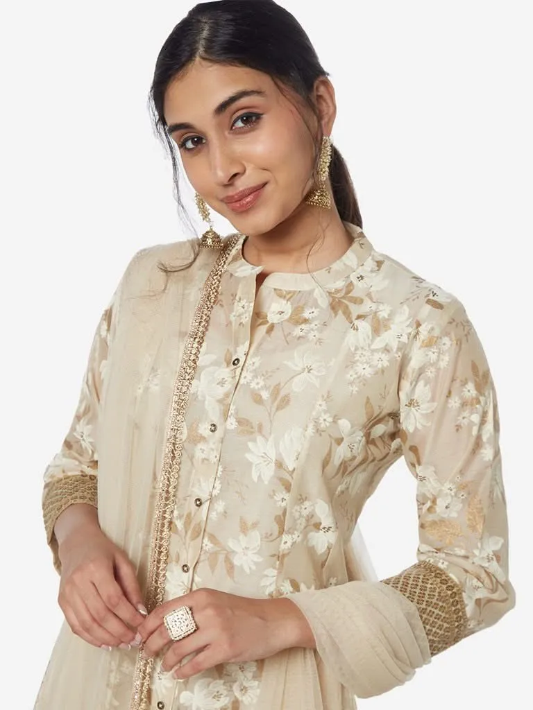 Vark Beige Anarkali Kurta, Dupatta, Palazzos