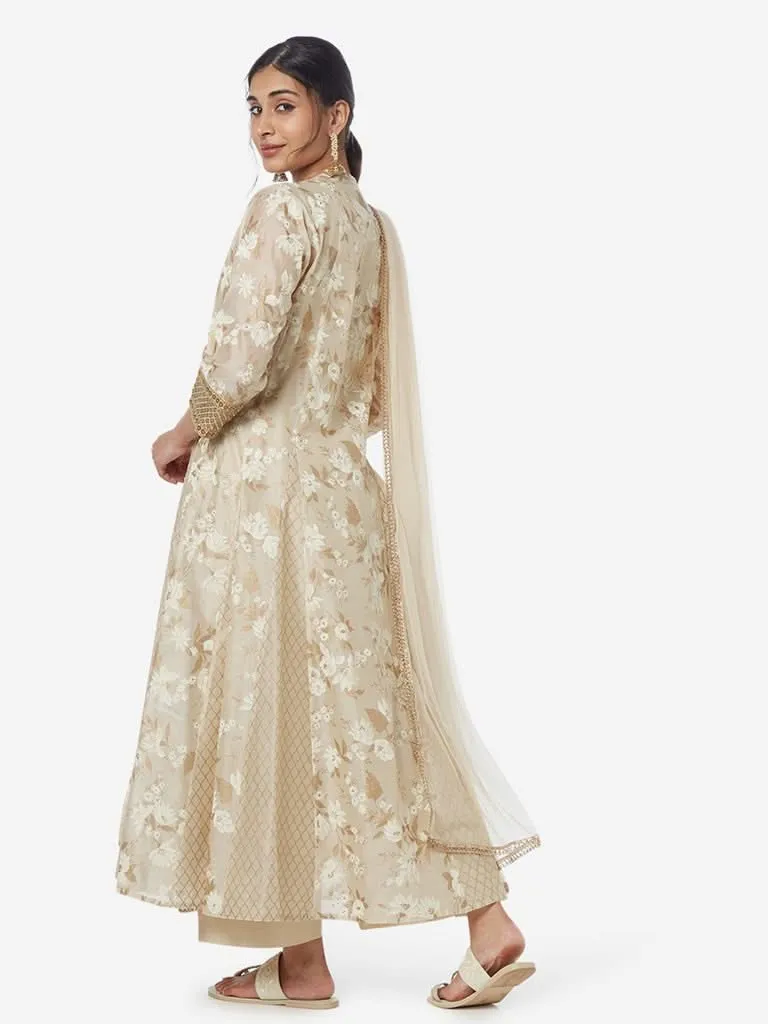 Vark Beige Anarkali Kurta, Dupatta, Palazzos