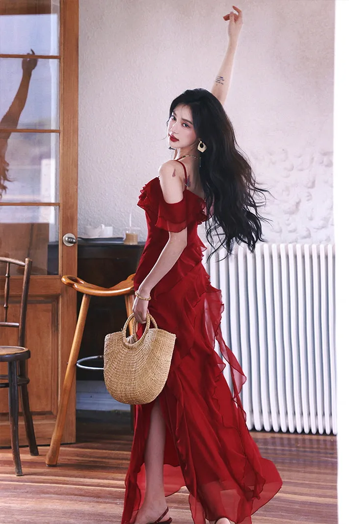 Vintage Red Off-Shoulder Maxi Dress with Ruffled Slit Skirt