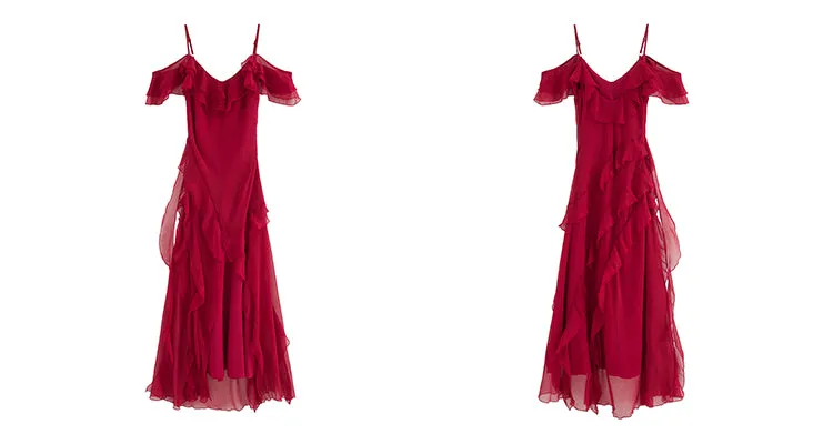 Vintage Red Off-Shoulder Maxi Dress with Ruffled Slit Skirt