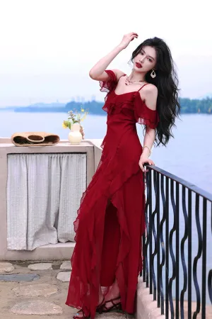 Vintage Red Off-Shoulder Maxi Dress with Ruffled Slit Skirt