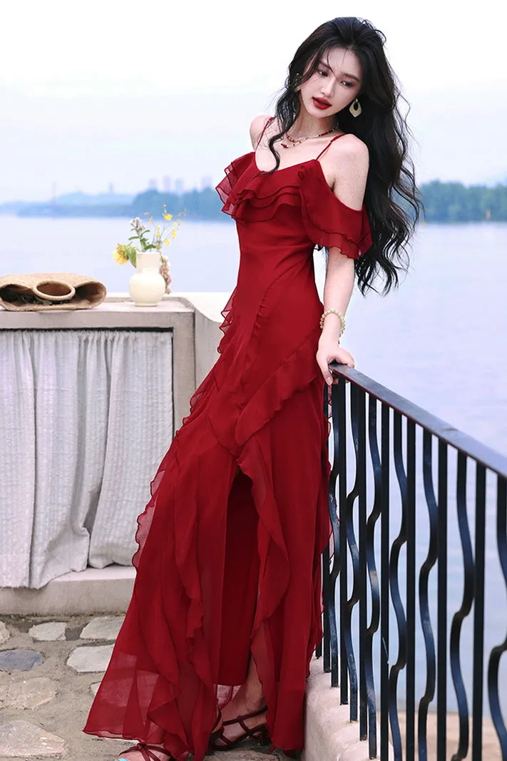 Vintage Red Off-Shoulder Maxi Dress with Ruffled Slit Skirt