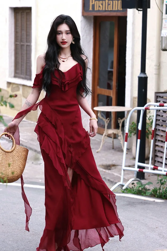 Vintage Red Off-Shoulder Maxi Dress with Ruffled Slit Skirt